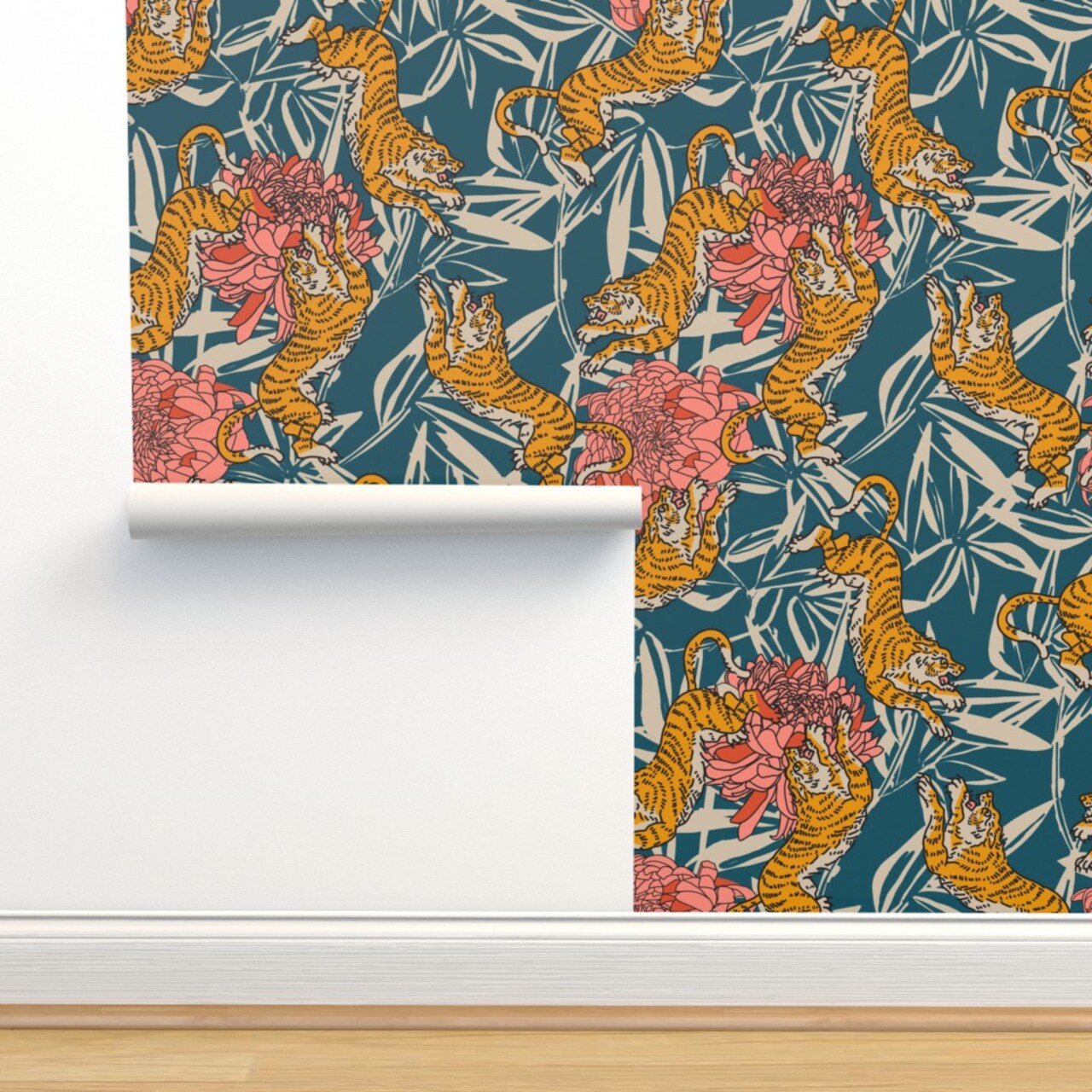 Tiger Bengal Peony Stripe Animal Maximalist Decor Blue Custom Removable Wallpaper by Spoonflower Peel & Stick Wallpaper 2FT Wide